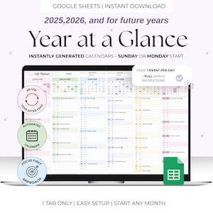 Year-at-a-Glance Planner Google Sheets Spreadsheet – 2026 One Page Calendar, Monthly Task, Event & Birthday Tracker, Digital Download