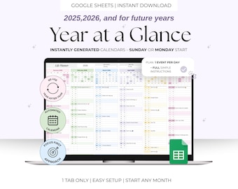 Year-at-a-Glance Planner Google Sheets Spreadsheet – 2026 One Page Calendar, Monthly Task, Event & Birthday Tracker, Digital Download
