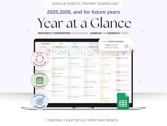 Year-at-a-Glance Planner Google Sheets Spreadsheet – 2026 One Page Calendar, Monthly Task, Event & Birthday Tracker, Digital Download
