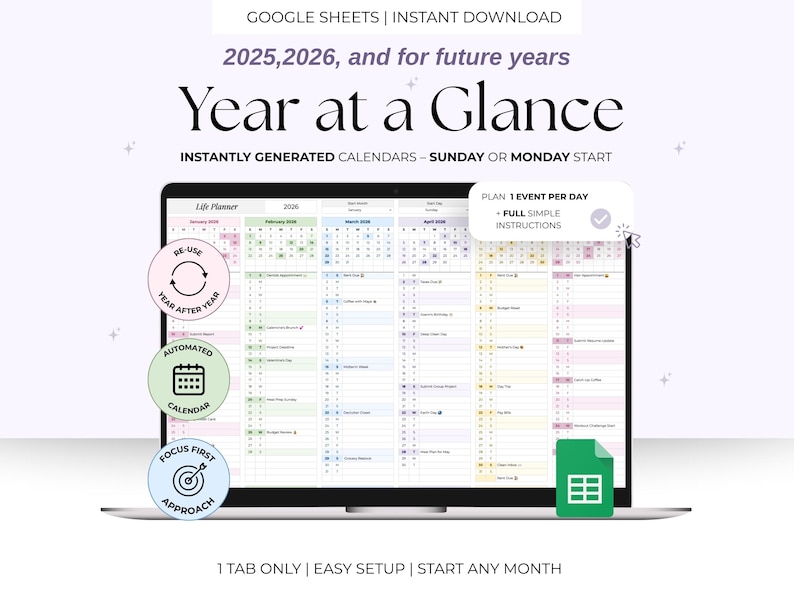 Year-at-a-Glance Planner Google Sheets Spreadsheet – 2026 One Page Calendar, Monthly Task, Event & Birthday Tracker, Digital Download image 1