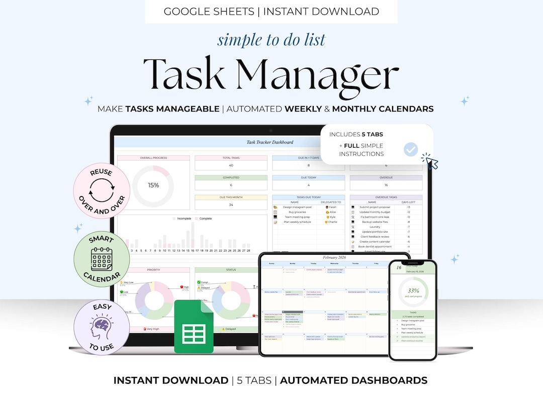 Task Manager Simple to Do List Google Sheets Spreadsheet Daily Task ...