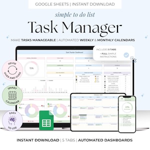 May include: A digital task manager displayed on a laptop, tablet, and smartphone. The interface includes charts, calendars, and task lists. Text includes "Task Manager," "Make Tasks Manageable," and "Instant Download."