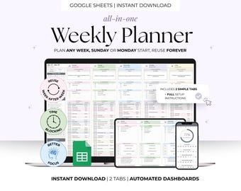Weekly Planner Google Sheets: ADHD Planner, Time Blocking, To-Do & Goal Tracker, Productivity