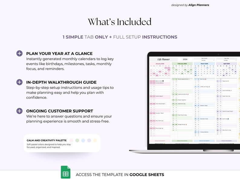 Year-at-a-Glance Planner Google Sheets Spreadsheet – 2026 One Page Calendar, Monthly Task, Event & Birthday Tracker, Digital Download image 2