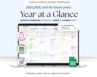 Year at a Glance Planner Spreadsheet Undated Yearly Overview Google Sheets 2026 Annual Calendar Monthly Event Tracker Digital Planner
