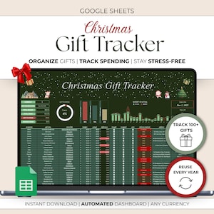 May include: A laptop screen displays a Christmas Gift Tracker spreadsheet. The screen shows a green and white spreadsheet with data visualization charts. The words "Christmas Gift Tracker" are at the top. The image includes a red bow and the text "Track 100+ Gifts" and "Reuse Every Year."