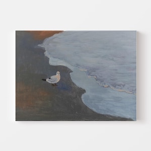 Original Seagull Acrylic Painting | Ocean Shore Wall Art | 12&quot; x 16&quot; | Coastal Bird Painting | Minimalist Seascape Decor | Beach Scene Art |
