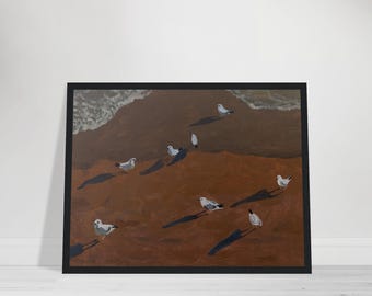 Lienzo decorativo de gaviotas horizontales / Póster original de playa con atardecer costero / Impresión artística de aves oceánicas / Decoración minimalista de paisaje marino /