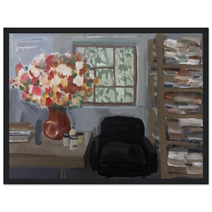Floral Vase and Bookshelf Print | Original Acrylic Painting | Reading and Study Room Wall Art | Bookshelf Wall Art | Cozy Home Decor |