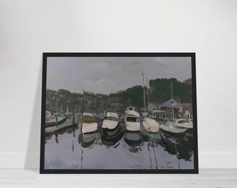 Horizontal Marina Canvas Wall Art | Original Boat Painting Reproduction | Australian Coastal Art Print | Sydney Harbor Nautical Poster |