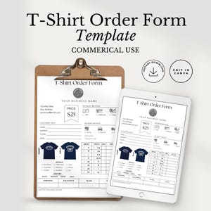 Puede incluir: Una plantilla de formulario de pedido de camisetas mostrada en un portapapeles marrón y una tableta blanca. El documento incluye campos para el nombre de la empresa, información del cliente, métodos de pago y entrega, y tablas de tallas.