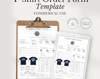 Modelo de formulário de pedido de camisetas, formulário de pedido de camisetas editável no Canva, formulário de vestuário personalizado para impressão, download instantâneo.