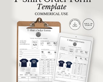 Bestelformulier sjabloon voor T-shirts, bewerkbaar Canva bestelformulier voor shirts, printbaar formulier voor gepersonaliseerde kleding, direct te downloaden