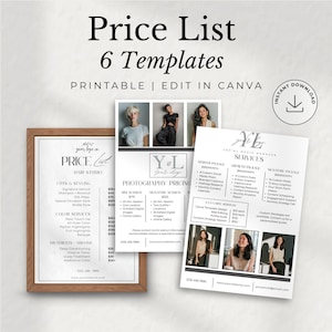 Könnte beinhalten: Ein Set aus sechs druckbaren Preislisten-Vorlagen für Canva mit schwarzem Text auf weißem Hintergrund. Die Designs enthalten Menüs für Fotografie- und Social-Media-Management-Dienste mit Platzhalterfotos von Personen und Kontaktinformationen.