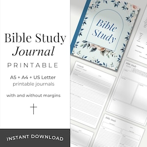 Può includere: Un set di diario di studio biblico stampabile con una copertina caratterizzata da accenti floreali blu e un design ad arco. Le pagine includono layout strutturati per la Genesi, metodi di studio S.O.A.P., appunti di sermoni e diari di preghiera.