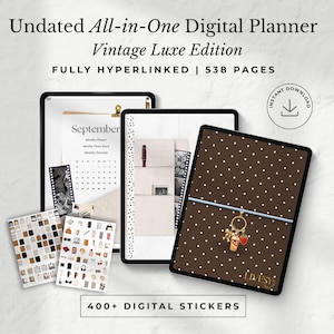 May include: Undated All-in-One Digital Planner Vintage Luxe Edition with 538 pages and 400+ digital stickers. The display shows a September calendar, a pocket organizer, and a brown polka dot cover with a dangling charm and Livesy logo.