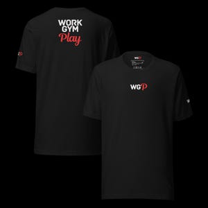 Work Gym Play / Premium Unisex Short Sleeve Shirt / White & Red branding