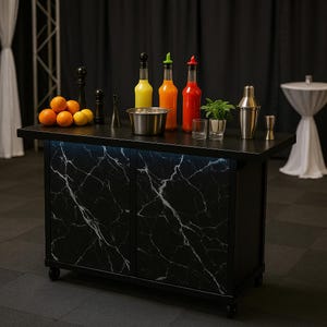 ブラックマーブル5フィートモバイルバーカート、ブラックカート、バーカート、ブラックモバイルバー、飲料バー折りたたみ式木製バー、モバイルカート、