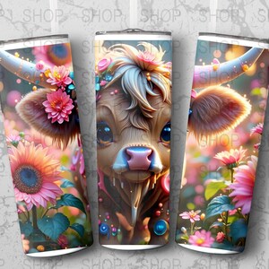 Floral Highland Cow Tumbler Wrap: 20oz PNG Design (Digital Download, Commercial Use