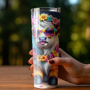 Floral Highland Cow Tumbler Wrap: 20oz Skinny Tumbler Sublimation Design (PNG File, Commercial Use)