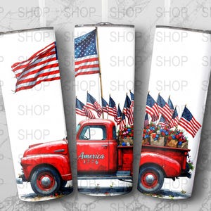 Patriotic Truck Tumbler Wrap, America 1776, 4th of July Tumbler Design, Red Truck PNG, Straight Tapered, 20oz Skinny Tumbler, Digital