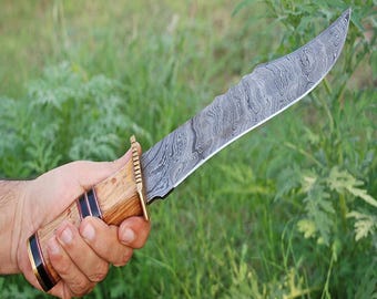 Handmade Damascus Steel Bowie Knife, Apricot Wood Handle, Leather Sheath