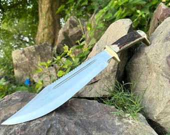 Handmade D2 Steel Bowie Knife Stag Antler Handle, Leather Sheath