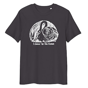 I Swear by the Swan Organic Cotton T-Shirt – Mythical Folk Art Swan Tee – Dark Unisex Shirt with White Print
