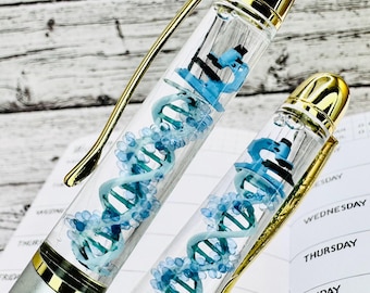 Bolígrafo flotante de hélice de ADN hecho a mano - Azul: Regalo de ciencia biológica