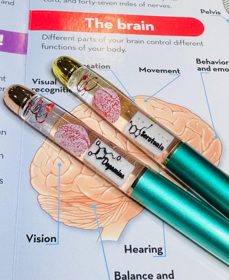 Puede incluir: Dos bol&iacute;grafos con barriles transparentes, tapas doradas y bases verde azulado. Los barriles contienen un cerebro rosa en miniatura y una etiqueta blanca con la palabra "Serotonina" y una estructura qu&iacute;mica. Los bol&iacute;grafos descansan sobre un libro abierto con un diagrama del cerebro.