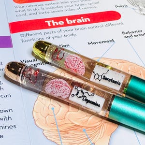 Puede incluir: Dos bol&iacute;grafos transparentes con tapas doradas y detalles verde azulado. Cada bol&iacute;grafo contiene un modelo de cerebro en miniatura y una etiqueta con las palabras "Serotonina" y "Dopamina". Los bol&iacute;grafos se muestran en una p&aacute;gina de un libro sobre el cerebro.