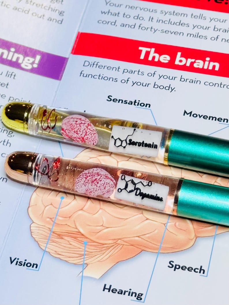 Puede incluir: Dos bol&iacute;grafos transparentes con detalles dorados, cada uno con un modelo de cerebro en miniatura y una estructura qu&iacute;mica. Uno muestra "Serotonina", el otro "Dopamina". Los bol&iacute;grafos est&aacute;n sobre un diagrama del cerebro.