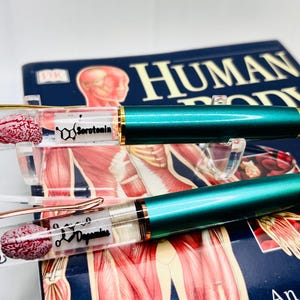 Puede incluir: Dos bol&iacute;grafos con barriles transparentes que contienen un modelo de cerebro y las palabras "Serotonina" y "Dopamina". Los bol&iacute;grafos tienen cuerpos de color verde azulado y detalles dorados. Se encuentran sobre un libro titulado "Human Body".