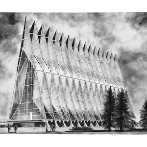 The 17-Spires of the United States Air Force Academy Chapel, Pen & Ink Drawing Print w/ Matte