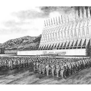 United States Air Force Academy - Cadets in Formation and Chapel, Pen & Ink Drawing Print w/ Matte