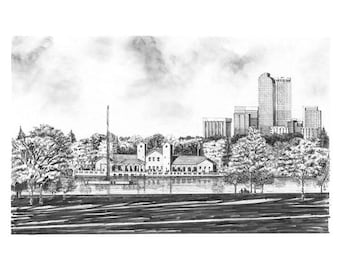 May include: A black and white pen and ink drawing of a city skyline with a large building in the background and a smaller building in the foreground. The drawing is done in a realistic style and shows the buildings in detail.