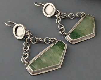 Handmade Gradient Green Sterling Chain Drop Earrings, Natural Stone Pentagon and Sterling Earrings, OOAK Artisan Dangle Earrings