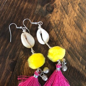Pink & Yellow Pom Pom Tassel Earrings