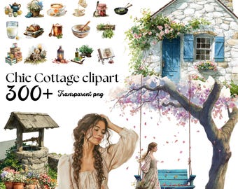 May include: Watercolor illustration featuring a cottage scene with a stone house, blue shutters, and a blooming tree. The image includes various cottage-themed clip art elements, such as teacups, food items, and a well. Text reads "Chic Cottage clipart 300+ transparent png."
