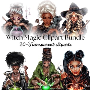 Witch Clipart Bundle: Black Witches Casting Spells - PNGs (Digital Download)