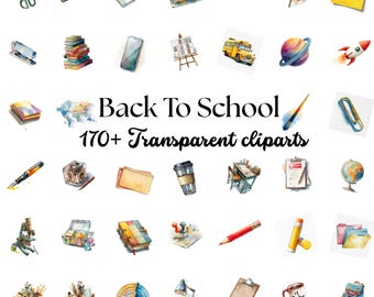Paquete de imágenes prediseñadas escolares de acuarela: más de 170 gráficos PNG (descarga digital)
