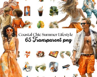 Clipart de verano costero en acuarela: Gráficos de estilo de vida playero (pegatinas digitales, 65 PNG)