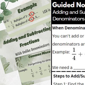 Puede incluir: Notas educativas sobre la suma y resta de fracciones con denominadores diferentes. Las notas incluyen ejemplos, pasos y una guía. También es visible el texto "Notes pair with PowerPoint slides!".