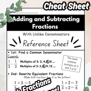May include: A reference sheet for adding and subtracting fractions with unlike denominators. The sheet includes examples and steps to find common denominators and rewrite equivalent fractions. Text includes "Cheat Sheet" and "Teach Fractions Without the Stress!"