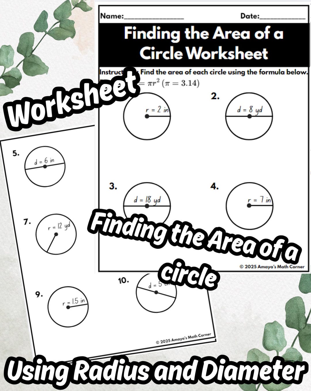 Finding the Area of a Circle Worksheet (using Radius and Diameter) - Etsy