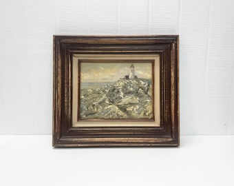 Vintage Engel Signed Hand Painted Ocean Seagulls Lighthouse Beach