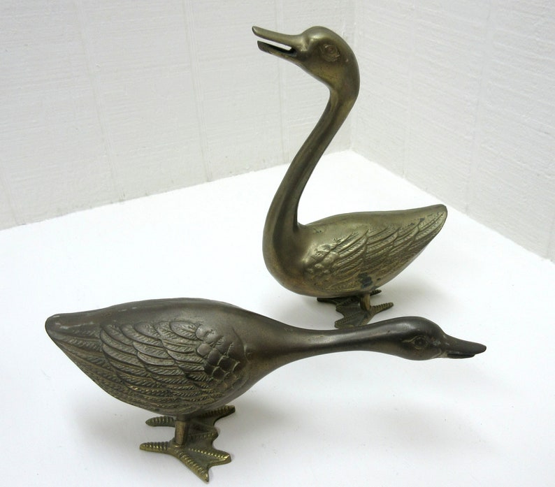 Vintage Large Brass Swan / Geese Figurines Lot Of 2 Brass Bird Pair image 2