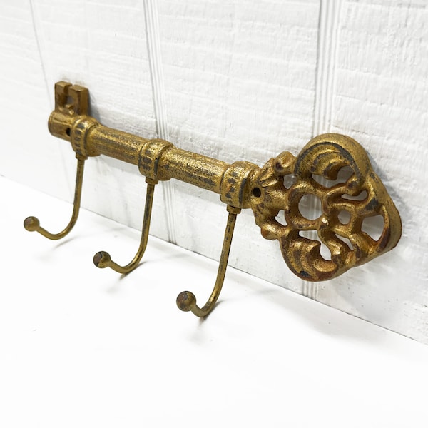 Ornate Cast Iron Key Shaped Key Holder With 3 Hooks in an Antique Gold Finish