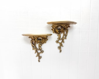 Vintage Syroco Wood Wall Shelves Pair -  Ornate Gold Rococo Acanthus Scroll Shelves, Hollywood Regency Decor