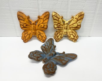 Butterfly Wall Decor Set of 3 - Made from Cast Iron with Aged and Distressed Finish - Spring Decor